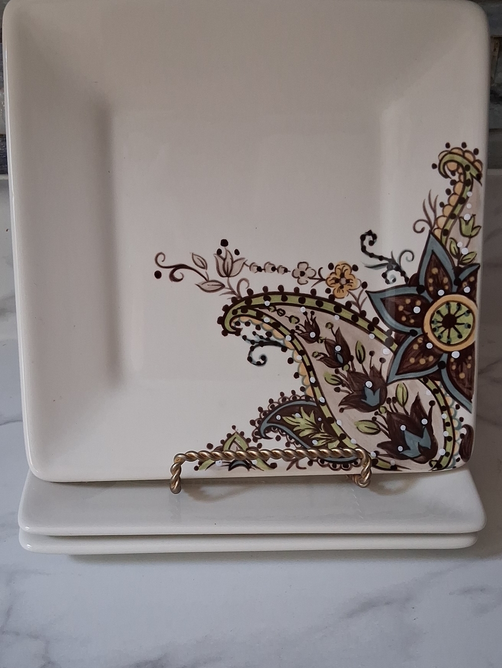 Gallery Square Salad Plate with Brown, Teal & Yellow Floral Motif 8x8